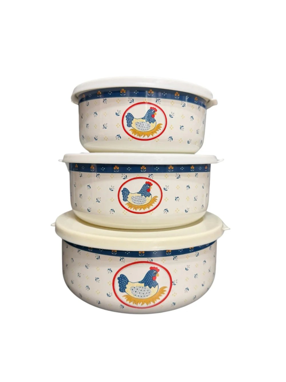 Vintage Metal Nesting Bowls w Lids Chicken Hen Country Kitchen Set of 3